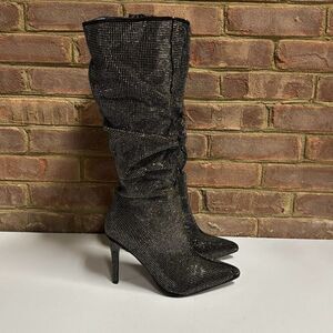 Mata Black Silver Sparkle Slouch Pointed Toe Heeled Boot Size 10 NEW